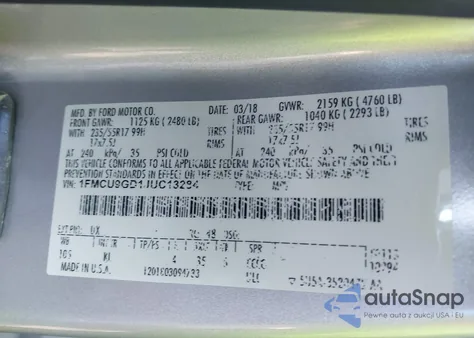 2018 Ford Escape Se z USA, uszkodzony, nr VIN 1FMCU9GD1JUC13284